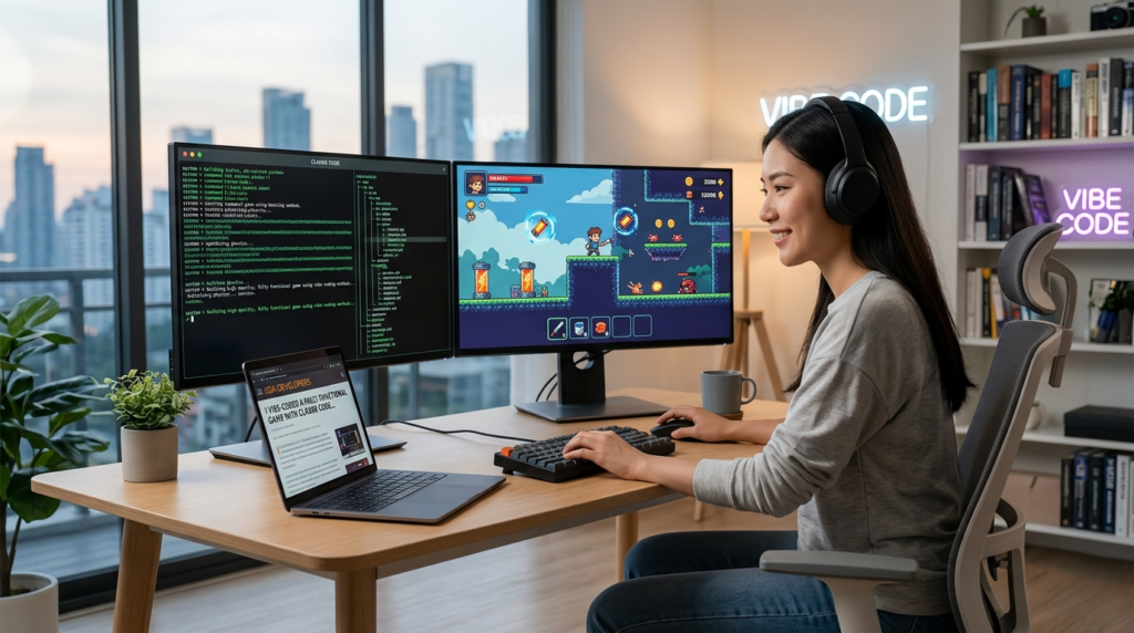 A developer using Claude Code CLI for vibe coding a functional game in a modern terminal environment.
