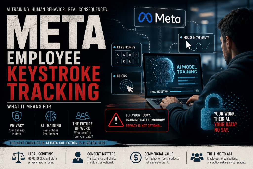 Illustration of Meta employee keystroke tracking showing cursor movements and data capture for AI training