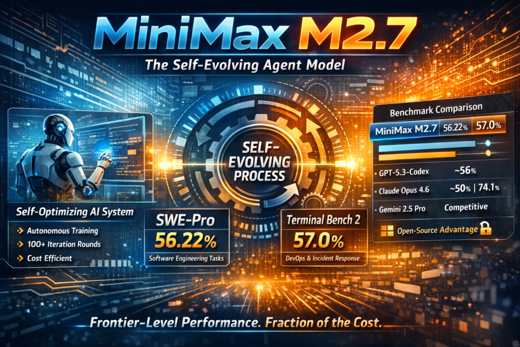 MiniMax M2.7 self-evolving agent model benchmark performance on SWE-Pro and Terminal Bench 2 compared to AI models