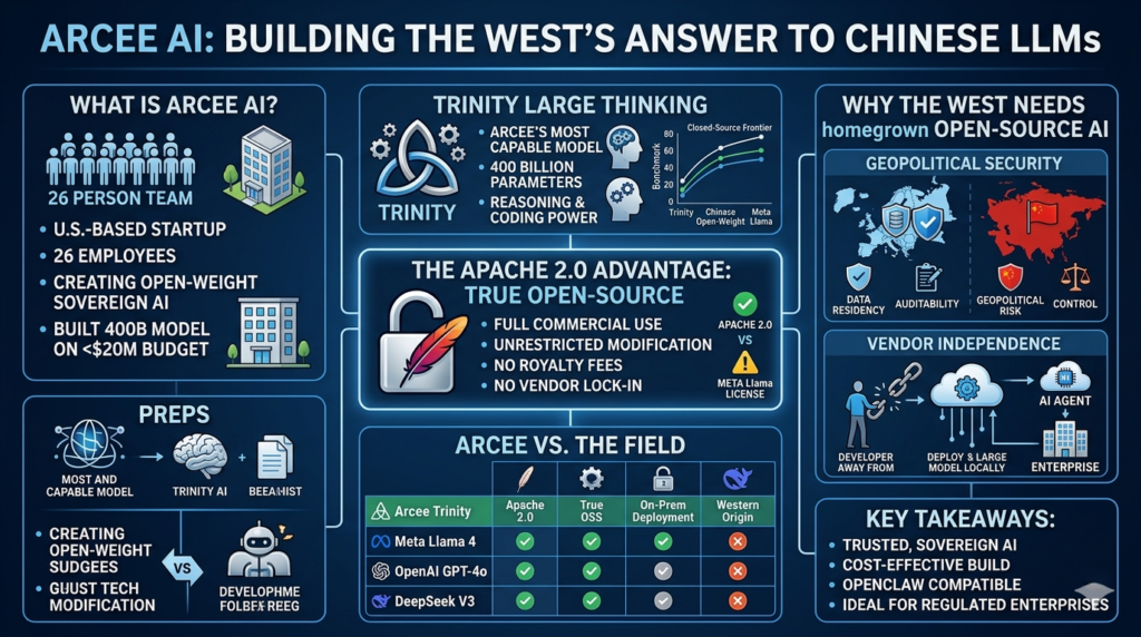 Infographic of Arcee AI's Trinity open-source AI model comparing Apache 2.0 licensing vs Chinese LLM alternatives.