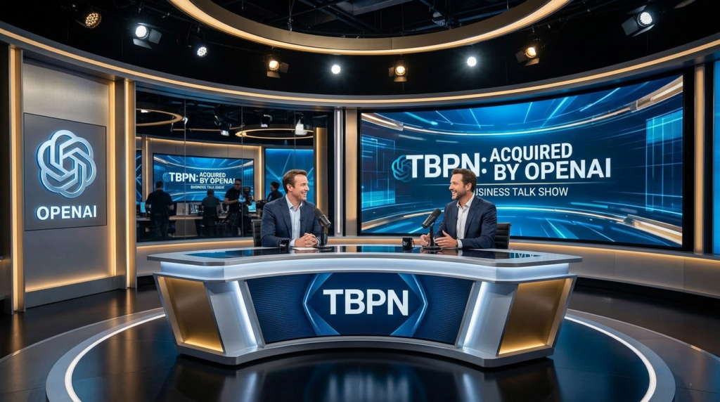 A digital broadcast studio representing the news that OpenAI acquires TBPN for its media and AGI strategy.