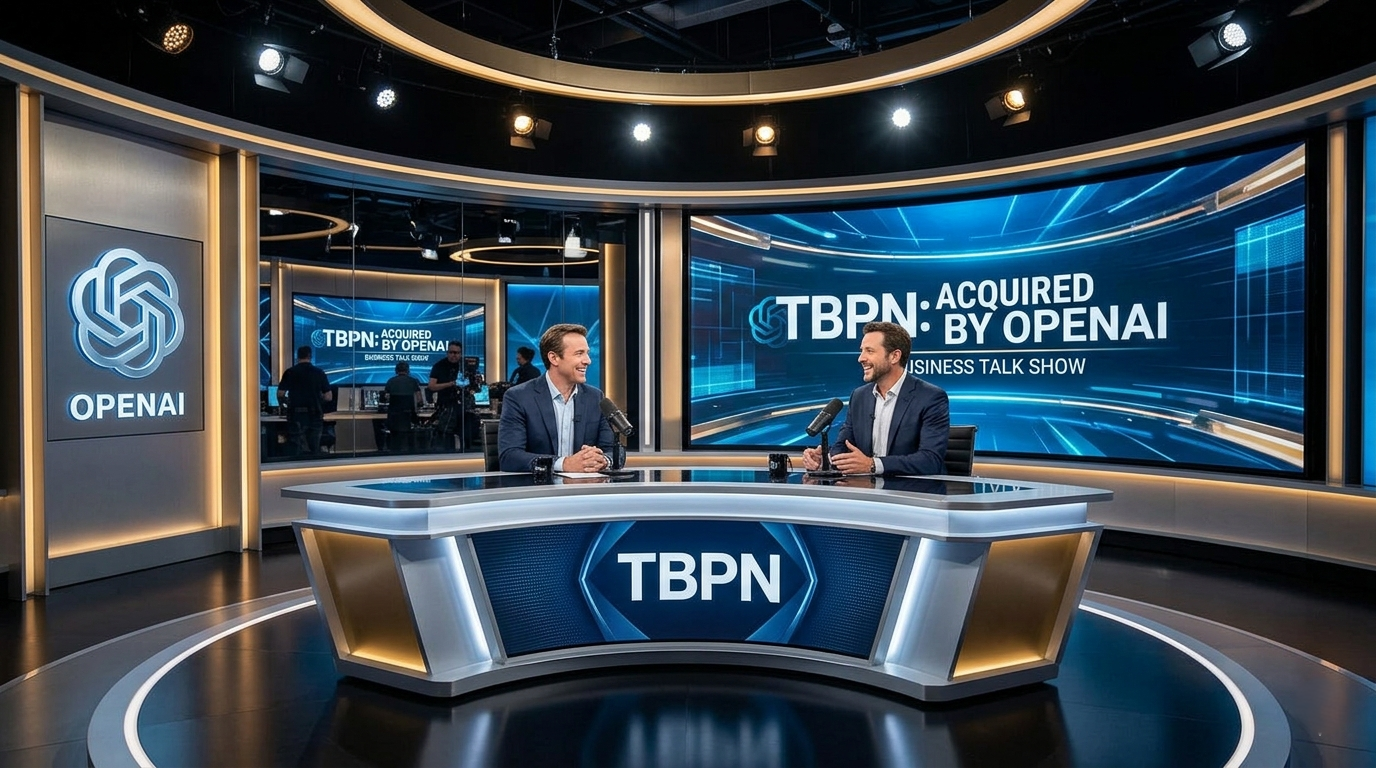 A digital broadcast studio representing the news that OpenAI acquires TBPN for its media and AGI strategy.