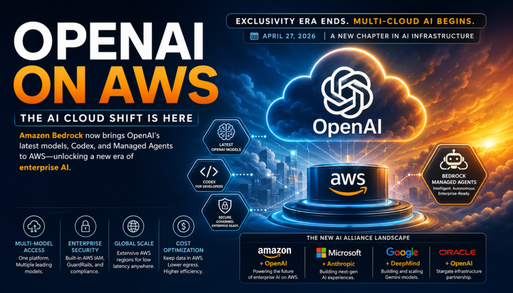 OpenAI on AWS integration with Amazon Bedrock, showing enterprise AI cloud infrastructure and multi-cloud deployment