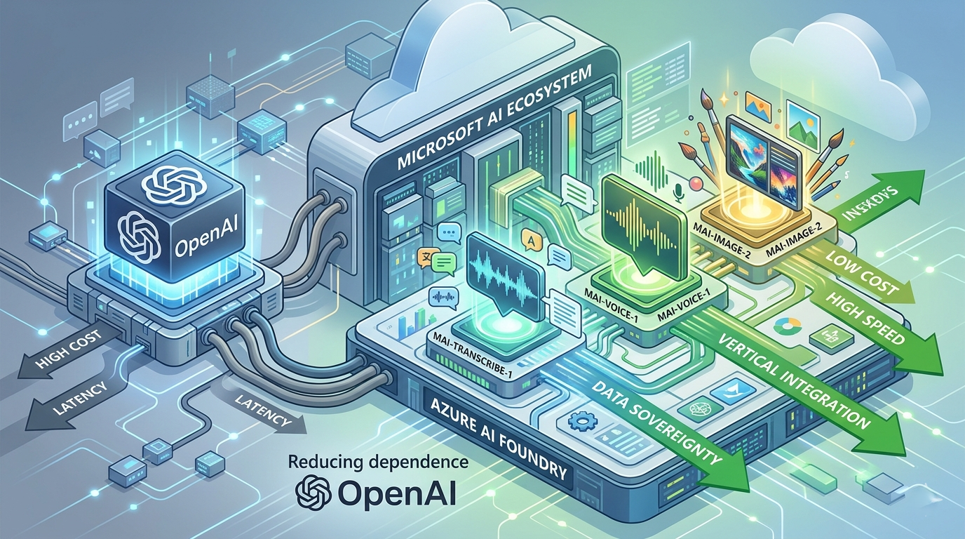 Infographic showing Microsoft MAI and Phi models reducing dependence on OpenAI for enterprise cloud AI solutions.