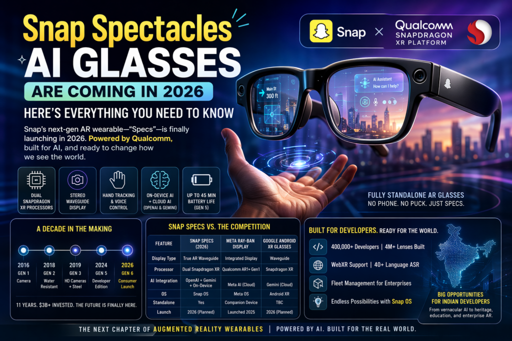 A person wearing Snap Spectacles AI glasses with augmented reality overlays visible through the lenses, powered by Qualcomm Snapdragon XR.