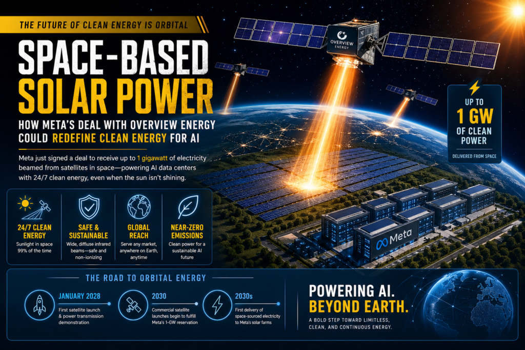 Space-based solar power satellites beaming energy to Earth for AI data centers and continuous clean electricity
