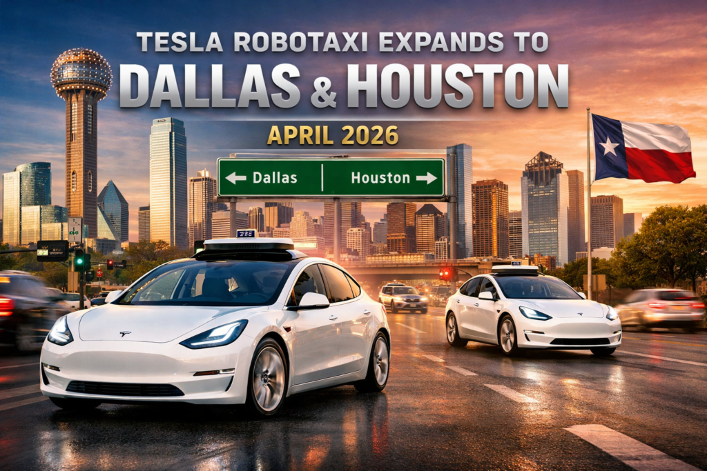 Tesla robotaxi operating autonomously in Dallas and Houston streets without a driver in April 2026 expansion