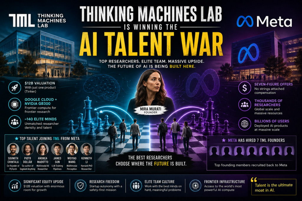 Illustration of Thinking Machines Lab competing with Meta in the AI talent war, showing researchers moving between companies