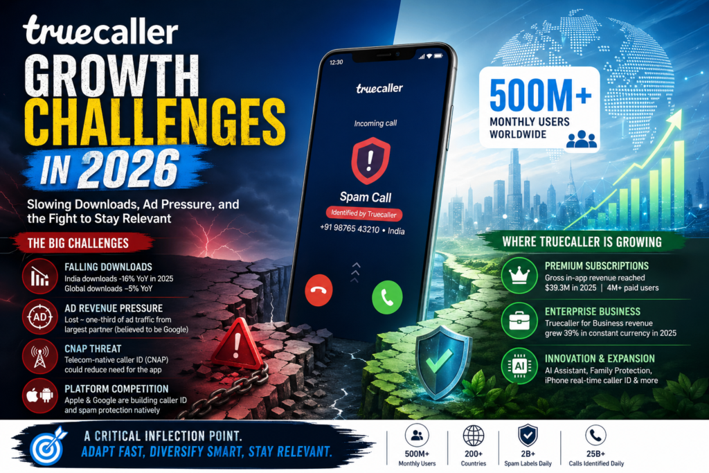Truecaller growth challenges 2026 showing falling downloads, ad pressure, and competition from telecom and smartphone platforms