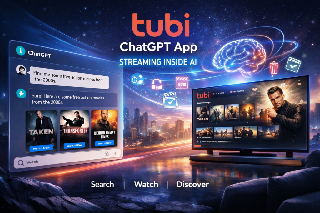 Tubi ChatGPT app interface showing AI-powered movie search and streaming recommendations inside a conversational chat