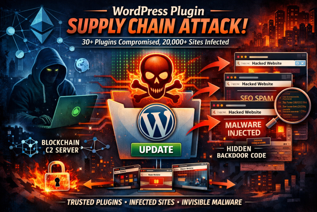 Illustration of a WordPress plugin supply chain attack showing malware spreading through trusted plugin updates