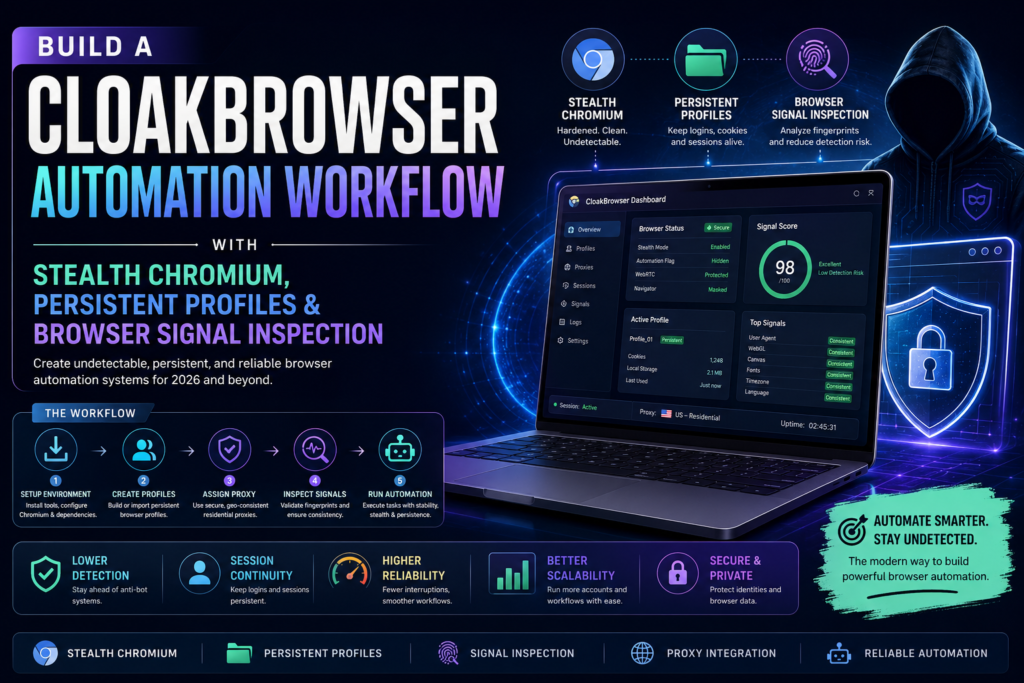 CloakBrowser Automation Workflow dashboard showing stealth Chromium setup, persistent browser profiles, and signal inspection