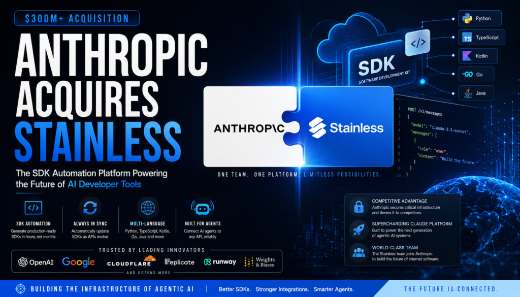 Anthropic acquires Stainless — and in doing so, quietly pulls a critical piece of AI infrastructure away from OpenAI, Google, and Cloudflare all at once. If you build with AI APIs, this deal changes the landscape you're operating in. What Is Stainless — and Why Did Anthropic Want It? Stainless is a New York-based developer tools startup founded in 2022 by Alex Rattray, a former Stripe engineer. Its core product automates the creation and ongoing maintenance of software development kits (SDKs) — the code libraries that developers use to connect applications to APIs. Before Stainless, maintaining SDKs was a painful, time-consuming manual process. Rattray's platform changed that by ingesting an API specification and automatically generating production-ready SDKs across multiple programming languages — Python, TypeScript, Kotlin, Go, and Java — and keeping them in sync as the underlying API changed. The result was a tool so good that Stainless's customers included some of the biggest names in the AI industry: OpenAI, Google, Cloudflare, Replicate, Runway, Weights & Biases, and Anthropic itself. Backed by Sequoia Capital and Andreessen Horowitz, the startup had become genuine critical infrastructure for the AI developer economy. The SDK Problem Stainless Was Born to Solve What is an SDK? An SDK (Software Development Kit) is a packaged set of tools, libraries, and documentation that allows a developer to interact with an API in a specific programming language. Instead of writing raw HTTP requests, developers import an SDK and call clean, typed functions. Why do SDKs need maintenance? APIs change constantly. Every time a company adds a new model, endpoint, parameter, or authentication method, every SDK in every language must be updated manually — or developers are left working with broken or outdated integrations. For a company like Anthropic or OpenAI shipping frequent API updates, this is a significant operational burden. Stainless solved this with automation: define your API once, and the platform regenerates and updates your SDKs automatically. According to Stainless's own estimates, roughly a quarter of the world's professional software developers have used an SDK or documentation site built on Stainless technology. That scale is why Anthropic acquires Stainless made instant strategic sense. What the Acquisition Deal Looks Like Anthropic announced the acquisition on May 18, 2026. The company did not disclose the financial terms publicly, but reporting by The Information indicated the deal was valued at more than $300 million — a significant price for a four-year-old startup, and a clear signal of how much Anthropic values ownership over this infrastructure layer. Key facts about the deal: Acquirer: Anthropic Target: Stainless Software, Inc. Founded: 2022, New York Reported deal value: $300M+ Investors pre-acquisition: Sequoia Capital, Andreessen Horowitz Anthropic's stated plan: Wind down all hosted Stainless products and fold the team into the Claude Platform Stainless founder Alex Rattray noted that Anthropic was among Stainless's oldest and closest partners, having used the platform to generate every official Anthropic SDK since the earliest days of the Claude API. "There's no better place for the Stainless team to build the future of internet software," Rattray said in the acquisition announcement. Why This Move Is a Strategic Masterstroke for Anthropic Locking Competitors Out of Key Infrastructure The most immediate and dramatic consequence of this deal is competitive denial. By acquiring Stainless, Anthropic does not just gain a great internal tool — it removes that tool from the hands of every rival that depended on it. Stainless has confirmed it is winding down all hosted products, including its SDK generator. New signups, projects, and SDKs are no longer being created on the platform. That means OpenAI, Google, Cloudflare, and every other Stainless customer must now find, build, or commission alternative solutions for SDK generation and maintenance — a capability that previously took Rattray and a dedicated startup to build. This is a classic infrastructure play: acquire the picks-and-shovels supplier before your competitors realize what's happening. In the AI race, where developer experience is a primary competitive moat, this matters enormously. Supercharging the Claude Platform for Agentic AI Beyond competitive denial, the acquisition gives Anthropic direct ownership of SDK generation capabilities at exactly the moment they are most strategically valuable. The AI industry is rapidly shifting from chatbot interfaces toward agentic AI systems — autonomous agents that can connect to external APIs, retrieve data, execute actions, and complete complex multi-step tasks on behalf of users. For agents to do this reliably, the APIs they call must have well-maintained, type-safe, predictable SDKs in every language a developer might use. Stainless's technology is precisely what enables this. Anthropic has stated that its plans for the Stainless team are focused on "Claude Platform capabilities and connecting agents to APIs" — a direct acknowledgment that SDK infrastructure is foundational to the agentic future Anthropic is building toward. In short: when Anthropic acquires Stainless, it is not just buying a dev tool. It is acquiring the connective tissue of the AI agent economy. What Happens to Existing Stainless Customers? If you or your company has been using Stainless to generate and maintain SDKs, here is what you need to know: Ownership of existing SDKs is yours. Anthropic has confirmed that all SDKs generated on Stainless prior to the acquisition remain the property of the customer. You retain full rights to modify, extend, and redistribute them. The hosted platform is shutting down. As of the acquisition announcement, Stainless is no longer accepting new signups or generating new SDKs through its hosted product. A transition guide is available. Stainless is directing affected customers to app.stainless.com/transition for help moving from Stainless-managed products to alternative workflows. No automatic migration. Customers will need to take active steps to maintain their SDKs going forward, whether by building in-house tooling, using open-source alternatives, or contracting with other providers. API documentation sites built on Stainless may also be affected; customers should check the transition portal for specifics on the documentation platform. The timeline for full product wind-down has not been publicly specified, so customers with active dependencies should treat this as an urgent transition priority. Stainless vs. Manual SDK Maintenance: Why It Mattered To understand the full weight of what Stainless built — and what Anthropic is now acquiring — it helps to compare the two approaches to SDK development and maintenance side by side. DimensionManual SDK MaintenanceStainless-Automated SDKsInitial build timeWeeks to months per languageHours (API spec-driven generation)Languages supportedLimited by team capacityPython, TypeScript, Kotlin, Go, Java (and more)Update process when API changesManual edits across all language versionsAutomatic regeneration from updated specConsistency across languagesVaries by contributorEnforced by platform logicRisk of SDK/API driftHigh — frequent manual process failuresLow — automation keeps parityMaintenance overheadOngoing, significant engineering timeNear-zero once spec is maintainedCost modelInternal engineering salarySaaS subscription (now unavailable)Documentation syncManual, often laggingAutomated alongside SDK generation This table illustrates why companies like OpenAI, Google, and Anthropic paid for Stainless rather than build in-house: the efficiency gap between automated and manual SDK maintenance is enormous at enterprise scale. What This Means for the Broader AI Developer Ecosystem The Anthropic acquires Stainless deal sends several signals worth watching for developers, API companies, and investors alike. For developers building on AI APIs: Your SDK experience may shift. Anthropic is likely to pour more resources into the quality and reliability of official Claude SDKs now that it owns the underlying generation platform. Developers building with competitors' APIs, however, may see slower SDK updates or reduced language coverage as those teams scramble to replace Stainless. For API companies that relied on Stainless: The transition window is short. Companies like OpenAI, Cloudflare, Replicate, and others must now solve the SDK maintenance problem in-house or find a replacement vendor. A gap in the market will almost certainly attract new entrants — expect to see new SDK automation startups or open-source projects emerge in response to Stainless's exit from the market. For AI infrastructure investors: This deal validates a thesis that has been building for some time: the most durable competitive moats in AI are not at the model layer alone, but at the developer tooling and infrastructure layer. Companies that own the workflows developers rely on every day earn a degree of stickiness that raw model performance cannot guarantee. For the agentic AI race specifically: SDK quality is not a footnote — it is a prerequisite. Reliable, well-typed, auto-updating SDKs are what make it feasible for AI agents to connect to the hundreds of external APIs they need to operate effectively in the real world. By controlling this layer, Anthropic gains a meaningful structural advantage in building the agentic platforms that will define the next phase of the AI industry. Key Takeaways at a Glance Here is a concise summary of everything you need to know about the Anthropic and Stainless acquisition: What happened: Anthropic acquired Stainless, a startup that automates SDK generation and maintenance, for a reported $300M+. Who Stainless served: OpenAI, Google, Cloudflare, Replicate, Runway, Weights & Biases, and dozens of others — in addition to Anthropic itself. Why it matters: Anthropic gains exclusive ownership of key AI developer infrastructure while simultaneously denying that infrastructure to competitors. What Stainless built: A platform that converts API specifications into production-ready, multi-language SDKs and keeps them updated automatically — a capability that previously required significant manual engineering effort. What happens to Stainless products: All hosted Stainless products are being wound down. No new SDKs will be generated on the platform. What happens to customer SDKs: Existing SDKs belong to the customers that generated them. Rights to modify and extend them are fully retained. Strategic purpose: Anthropic plans to use the Stainless team to strengthen Claude Platform capabilities, with a focus on connecting AI agents to external APIs. Broader signal: This deal confirms that developer tooling is a first-class competitive weapon in the AI industry, not an afterthought. Final Verdict: A Bet on the Infrastructure of Agentic AI The decision by Anthropic to acquire Stainless is one of the shrewdest infrastructure plays in recent AI industry history. On the surface, it looks like a developer tooling acquisition. Look deeper, and it is a calculated move to own the SDK automation layer at the precise moment that SDK quality becomes essential to the agentic AI products every major lab is racing to build. For Anthropic's competitors, the loss is immediate and practical: a trusted, automated SDK pipeline that underpinned their developer experience is gone overnight. For Anthropic, the gain is compounding: better internal tooling, a talented team already deeply familiar with the Claude API, and a structural advantage in the agent-to-API connectivity that defines the next generation of AI products. Whether you are a developer, a product leader, or an investor, this acquisition deserves to be on your radar — not just as a business story, but as a signal about where the real leverage points in the AI industry actually lie.