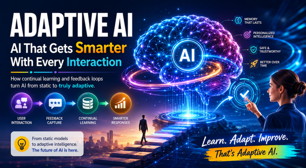 Adaptive AI system improving through continual learning, feedback loops, and real-time user interactions