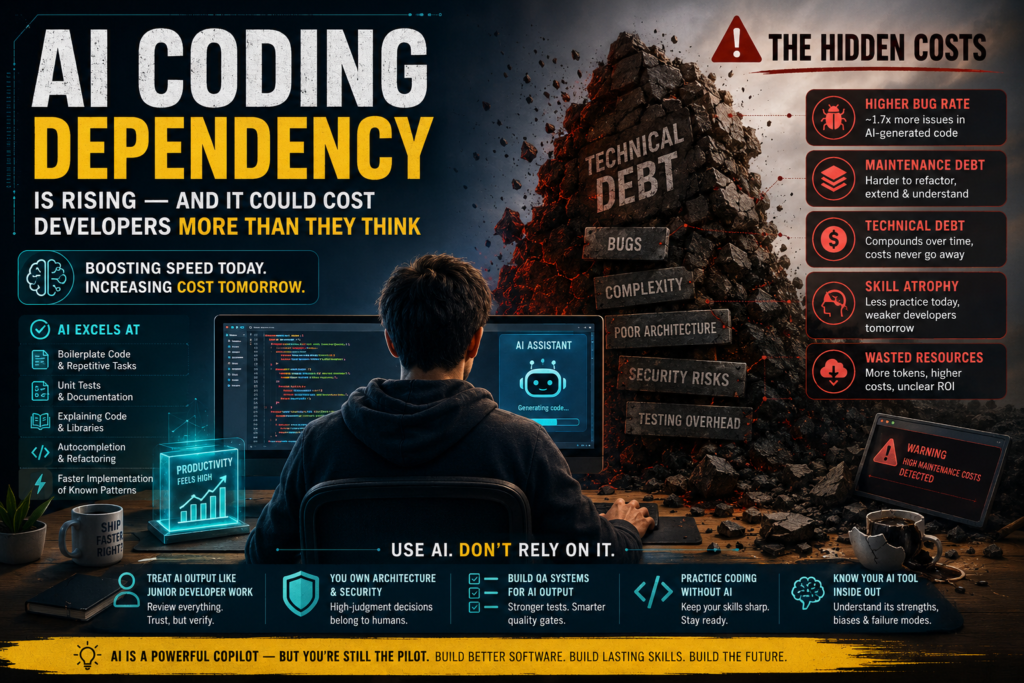 Software engineer using AI assistant while technical debt and code quality issues emerge from AI coding dependency