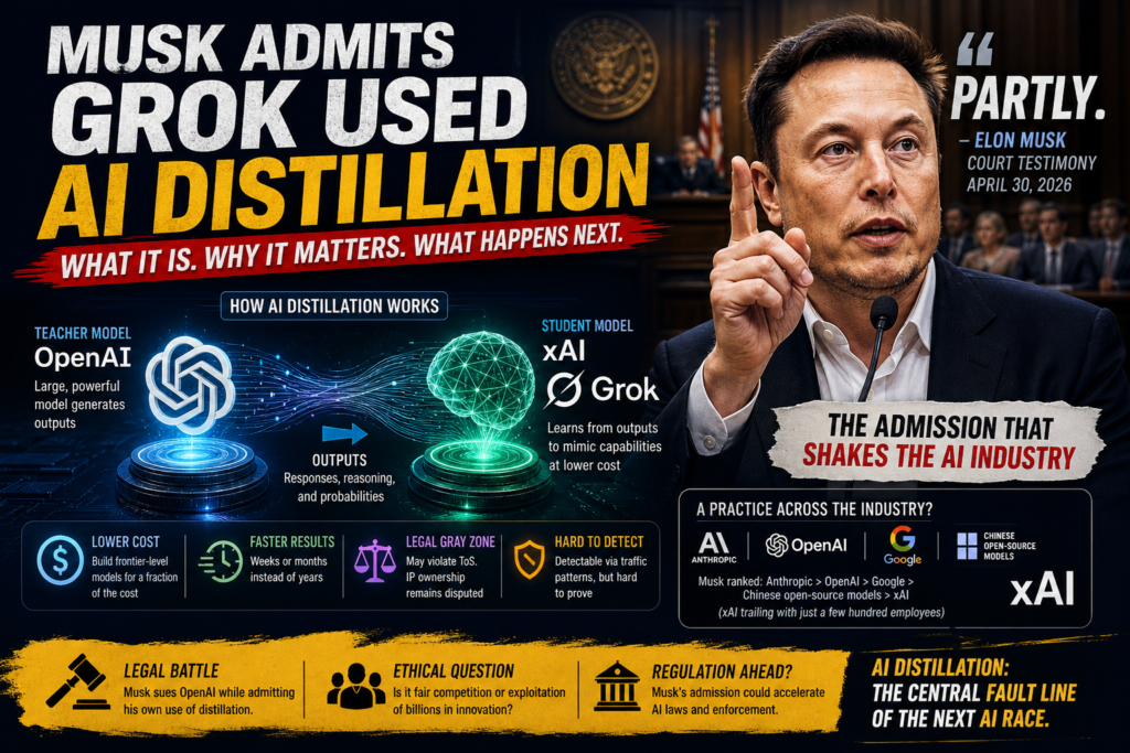Illustration explaining AI distillation with Grok, xAI, OpenAI, and Elon Musk connected through model training flow.