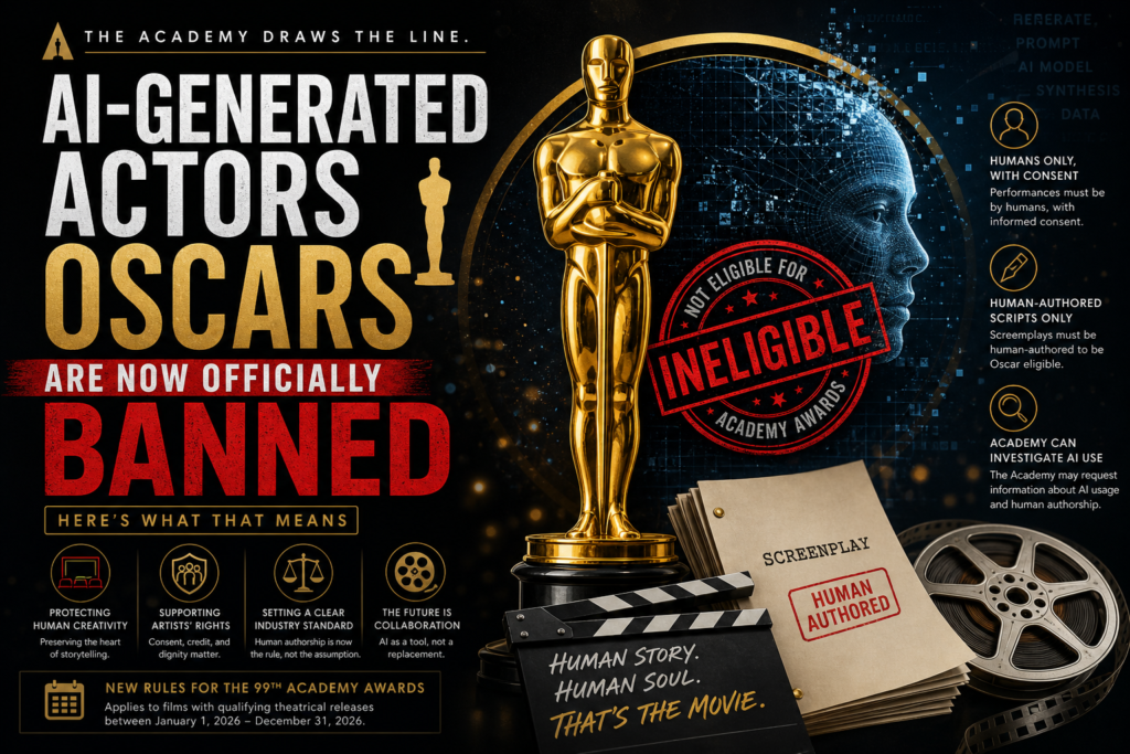 AI-generated actors Oscars rule update showing Academy Awards statue with digital AI visuals and film industry graphics