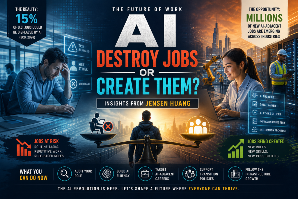 AI job creation concept showing professionals, automation, and digital technology shaping the future of work.