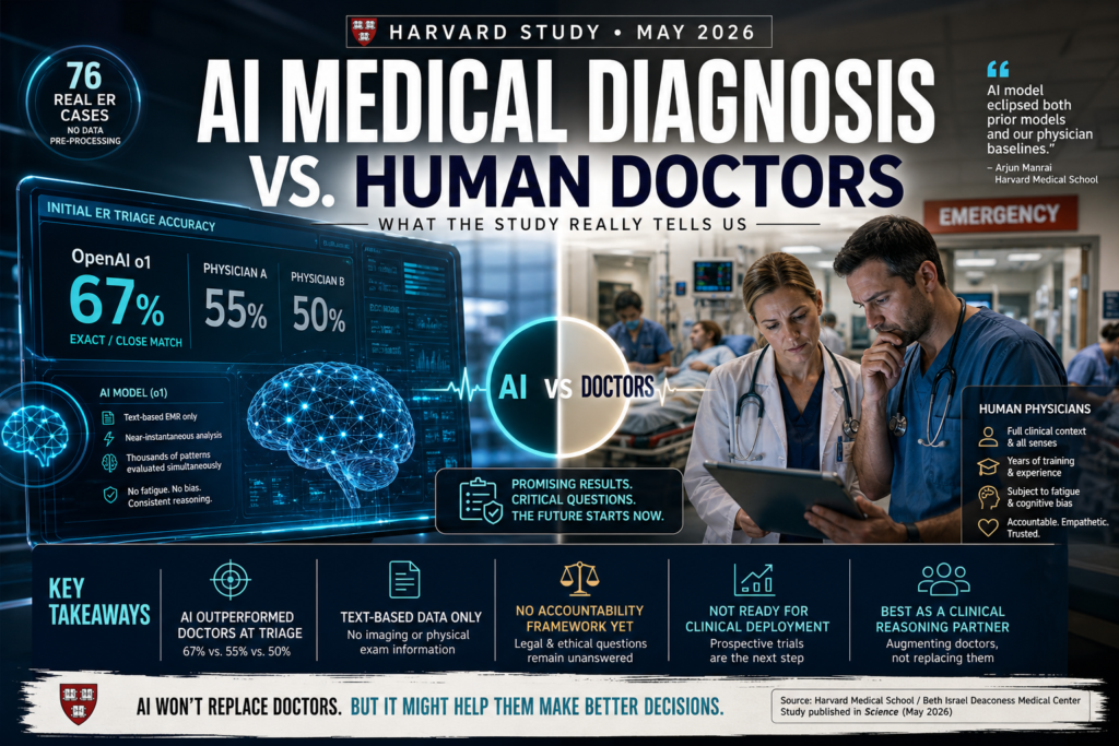 AI medical diagnosis compared with human doctors in a hospital emergency room based on Harvard study findings.