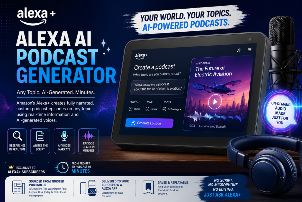 Amazon Alexa AI podcast generator creating personalized audio episodes from user prompts in the Alexa app