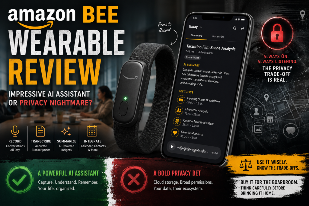 Amazon Bee wearable review showing AI voice-recording wristband and conversation transcription interface