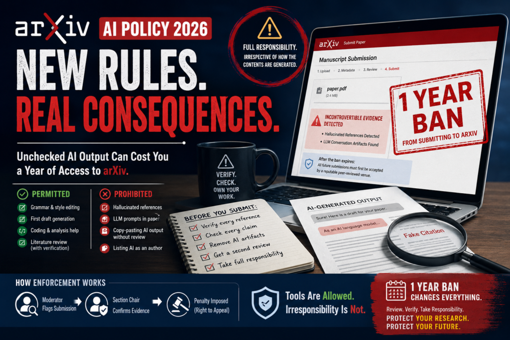 arXiv AI policy 2026 showing researcher reviewing AI-generated paper before submission ban enforcement