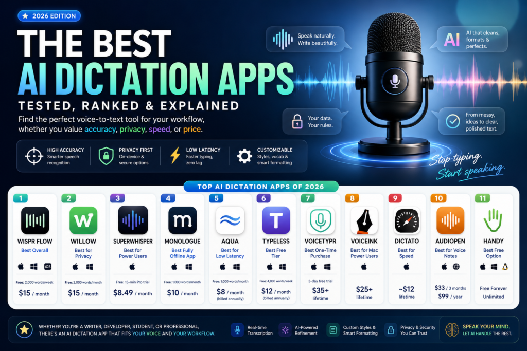 Comparison of the best AI dictation apps in 2026 showing voice-to-text tools ranked by accuracy, privacy, and price.