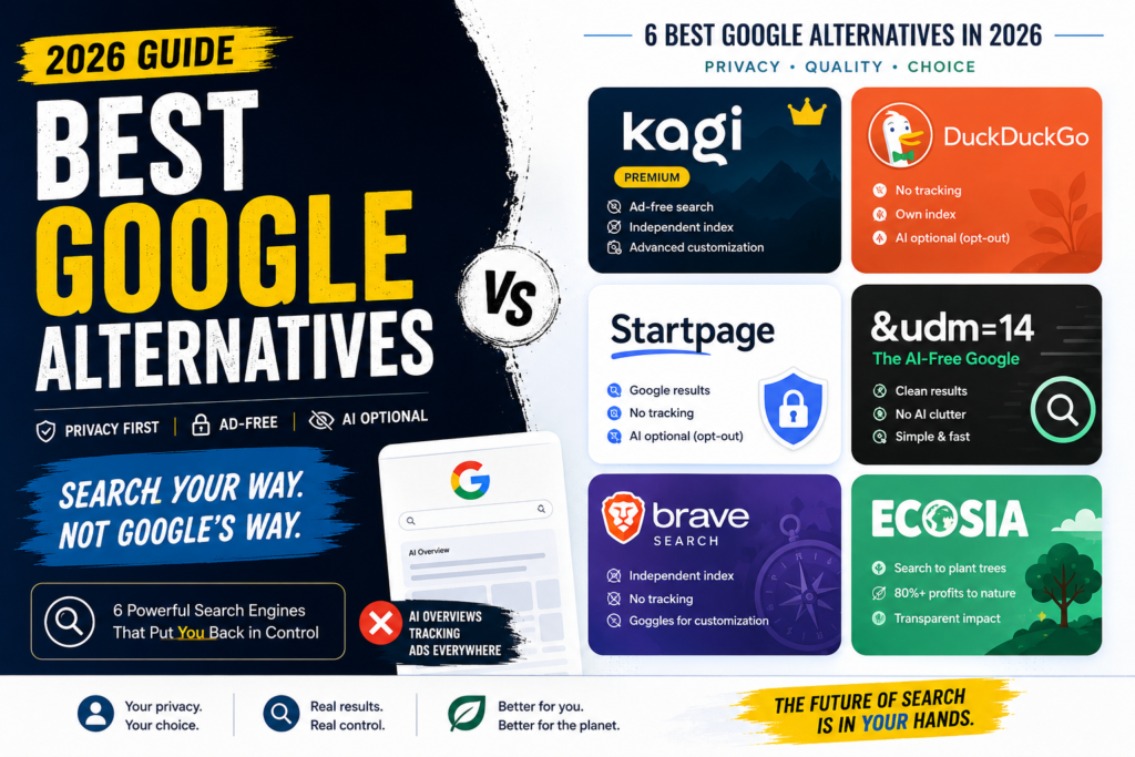 Best Google alternatives in 2026 showing privacy-first search engines without AI clutter or tracking