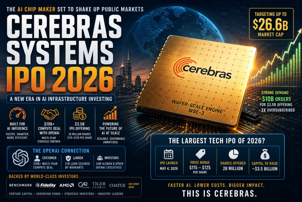 Cerebras Systems IPO 2026 illustration showing AI chip infrastructure, stock market growth, and public offering concept.