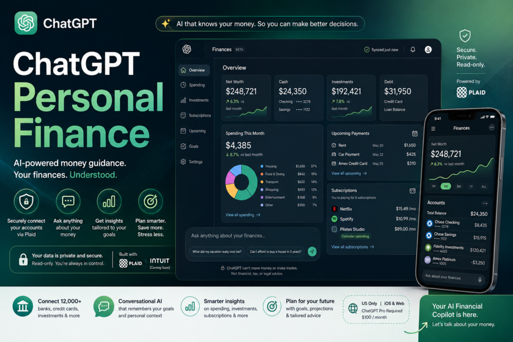 ChatGPT personal finance dashboard showing linked bank accounts, spending insights, and investment tracking tools