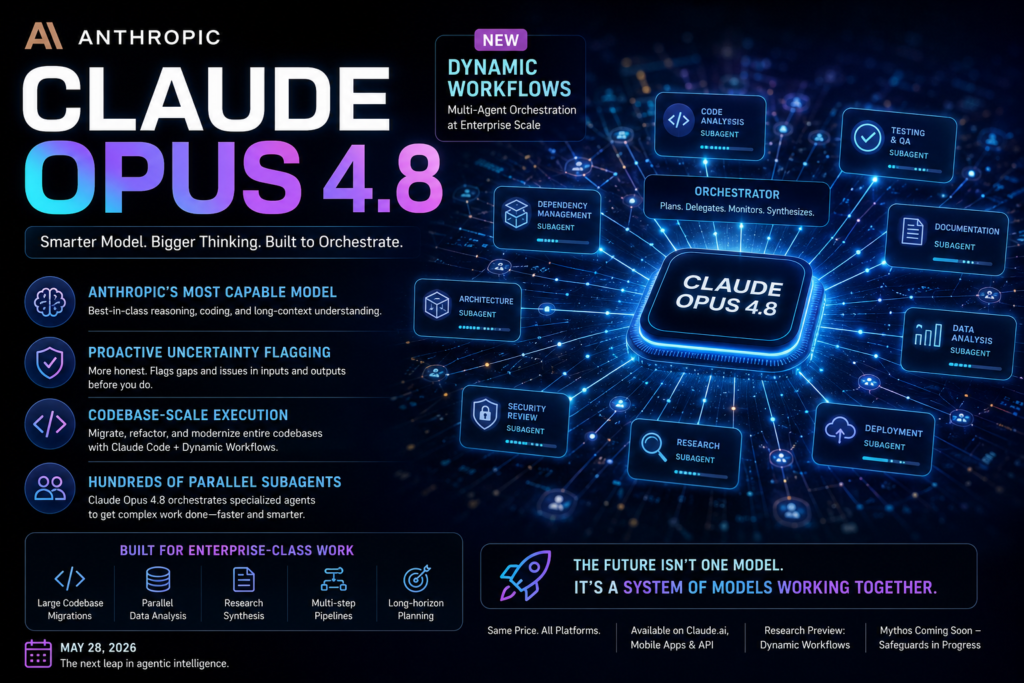 Claude Opus 4.8 showcasing Dynamic Workflows with multi-agent AI orchestration across enterprise systems