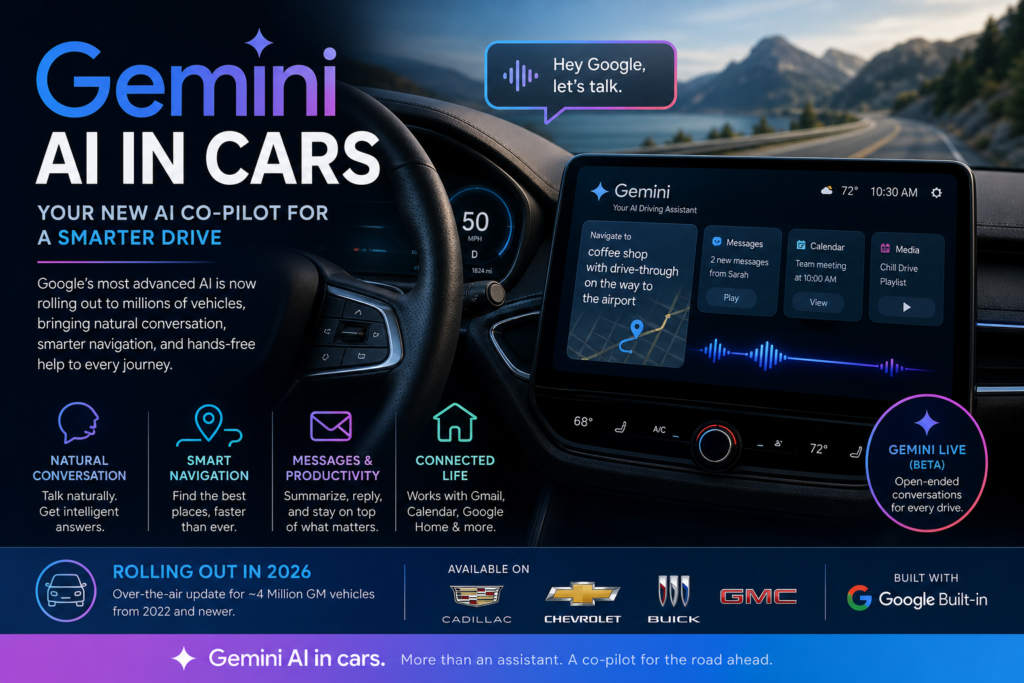Gemini AI in cars displayed on a vehicle dashboard screen with voice assistant navigation and smart controls.