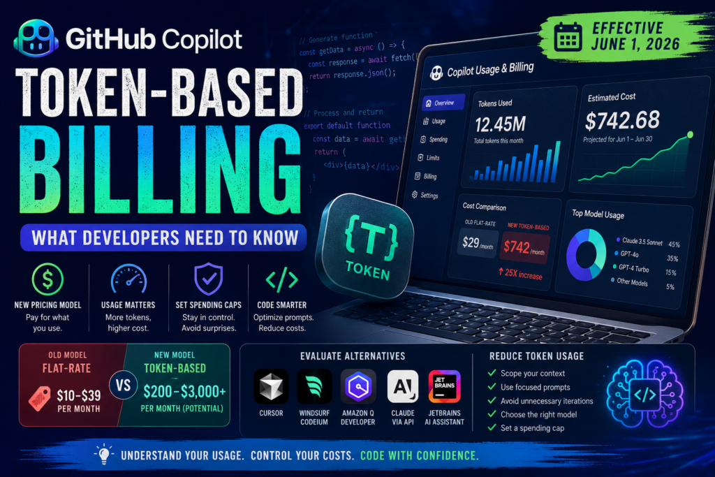 GitHub Copilot token-based billing dashboard showing AI coding costs, token usage, and monthly spending projections.