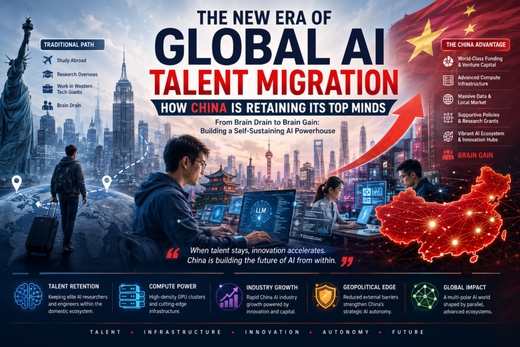 Global AI talent migration trends showing China retaining AI researchers and engineers within domestic tech ecosystems