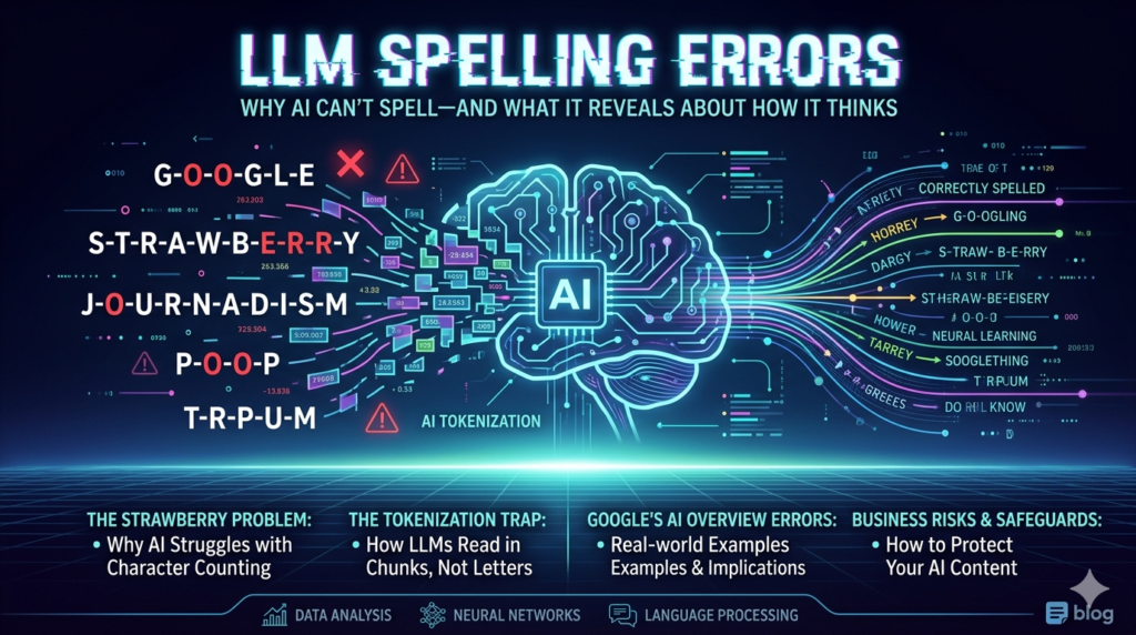 A digital concept art showing an AI model breaking the word strawberry into chunks, illustrating LLM spelling errors.