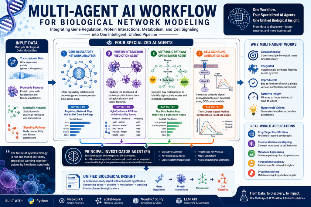 Illustration of a multi-agent AI workflow for biological network modeling with genes, proteins, pathways, and signaling data.