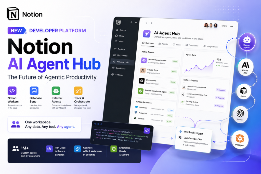 Notion just stopped being a note-taking app. With its new Developer Platform, Notion has become a Notion AI agent hub — a single workspace where teams can deploy custom code, sync live data from any source, and orchestrate both internal and third-party AI agents. If your team still thinks of Notion as a wiki with pretty databases, this update changes that calculus entirely. What Is the Notion AI Agent Hub? Definition: The Notion AI agent hub refers to Notion's newly launched Developer Platform, an orchestration layer built directly into the Notion workspace. It allows teams to connect AI agents, run custom cloud code, sync external databases, and interact with third-party agents — all from within a single collaborative environment. Expansion: Rather than bolting AI onto an existing product, Notion built an architecture where agents are first-class citizens. The platform supports Notion's own custom agents, external agents from partners like Claude Code, Cursor, Codex, and Decagon, and custom agents teams build internally for their own use cases. The result is a workspace that doesn't just contain your work — it can do your work. This release marks the clearest signal yet that productivity software is entering what Notion co-founder and CEO Ivan Zhao called the "agentic era." According to the company's May 2026 announcement, Notion customers had already built over one million custom agents since the February launch of Notion's original Custom Agents feature — underscoring how fast demand for agentic tools inside workspaces has scaled. Why Notion's Shift to Agentic Productivity Matters The rise of AI agents in the workplace is not a trend — it is a platform shift. Businesses are no longer asking whether to use AI for knowledge work; they are asking where that AI should live. Notion's bet is that the answer is the workspace itself. From Note-Taking App to Orchestration Layer Until recently, Notion's custom agents had a critical limitation: they were isolated. They could not pull data from external systems, execute custom logic, or communicate with the third-party agents that many enterprises already rely on. Teams had to stitch everything together with workarounds — third-party automation platforms, scripts running on separate infrastructure, and manual data pipelines. The Notion Developer Platform eliminates that friction. By building an orchestration layer directly into the product, Notion positions itself as the connective tissue between people, agents, and data — not just a place where people record what happened, but a platform where agents make things happen. This shift matters for three reasons: Consolidation: Teams currently juggling Notion plus Zapier, Make, or custom scripts can begin centralizing agentic workflows in one place. Context: Agents operating inside Notion have direct access to the workspace's databases, documents, and history — making their outputs more relevant than agents operating in isolation. Accountability: Work assigned to agents in the Notion AI agent hub is visible and trackable alongside human work, solving a critical gap in most enterprise AI setups. Key Features of the Notion Developer Platform The Notion Developer Platform is not a single feature — it is a set of interlocking capabilities that together form the Notion AI agent hub. Notion Workers: Custom Code in the Cloud What it is: Notion Workers is a cloud-based runtime environment that lets teams deploy custom code directly inside Notion, running in a secure, isolated sandbox. Why it matters: Previously, any logic that went beyond what Notion's built-in tools supported had to live outside Notion — on AWS, on a developer's laptop, or inside a third-party platform. Workers brings that logic inside the workspace. With Workers, teams can: Sync data from external systems into Notion databases on a schedule or via webhook triggers Build custom tools and business logic that agents can use Automate multi-step workflows without relying on external infrastructure The company announced Workers will use the same credit system as Custom Agents but will be free through August 2026, giving developers time to experiment before billing begins. Crucially, you do not need to write the code yourself — Notion explicitly notes that any AI coding agent can generate it for you, which effectively makes Workers accessible to non-developers as well. Database Sync: Live Data From Any Source What it is: Powered by Workers, the database sync feature pulls live data from any system with an API directly into a Notion database and keeps it current. Why it matters: One of the biggest barriers to using Notion as a hub for AI agents has been data freshness. Agents are only as useful as the data they have access to. With database sync, Notion workspaces can mirror live records from Salesforce, Zendesk, Postgres, and any other API-connected system. As Zhao put it in the product announcement: teams can now "use your Notion database as a sheer canvas to power both your workflows and your agents." That framing is significant. A Notion database is no longer just a place to organize past information — it becomes a real-time data layer that agents can query, act on, and update. External Agent API and Partner Integrations What it is: The External Agent API allows any AI agent — including custom internal agents — to connect with the Notion workspace, receive task assignments, and report progress. At launch, supported partner agents include Claude Code, Cursor, Codex, and Decagon. Why it matters: Most enterprise teams do not use just one AI agent. They might use Claude Code for engineering, Decagon for customer support automation, and a custom internal agent for compliance workflows. Until now, those agents had no standardized way to interface with Notion. The External Agent API changes that. From within the Notion AI agent hub, team members can now: Chat directly with external agents as if they were human teammates Assign work to external agents and track their progress in the workspace Connect custom-built internal agents via the External Agent API Use Notion's own Custom Agents alongside partner agents in a unified interface The platform also supports MCP (Model Context Protocol), an emerging standard for connecting AI tools to external data and services, for cases where standard integrations are sufficient. Notion AI Agent Hub vs. Traditional Productivity Tools How does the Notion Developer Platform compare with the tools teams currently use for workflow automation and AI integration? FeatureNotion Developer PlatformTraditional Automation Platforms (e.g., Zapier, Make)Standalone AI Agent FrameworksNative workspace integrationYes — runs inside NotionNo — external connector layerNo — requires separate deploymentCustom code executionYes — Notion Workers (cloud, sandboxed)Limited — mostly no-code logicYes — but requires developer infrastructureLive external database syncYes — any API-connected sourceYes — via pre-built connectorsNo — data input is manual or customMulti-agent orchestrationYes — internal + external agentsNoVaries — framework-dependentAgent visibility & trackingYes — alongside human workNoNoNon-developer accessibleYes — AI coding agents generate codeYes — no-code UINo — typically developer-onlyAvailable on Business/EnterpriseYesSeparate subscription requiredRequires separate infrastructure The Notion AI agent hub's core advantage is context: agents operating inside Notion have direct access to the same databases, documents, and history that your team uses. Automation platforms route data between systems; Notion makes that data available to agents that can reason about it. How Agentic Productivity Changes Your Team's Workflow The shift from passive software to an active Notion AI agent hub has concrete implications for how teams operate day to day. Here are the workflow changes that become possible with the Notion Developer Platform: Automated status reporting: A custom agent monitors project databases and compiles weekly status updates without any human input, posting results directly to a shared Notion page. Live CRM context: Sales teams sync Salesforce data into Notion databases so agents helping with account planning always have current deal information. Cross-tool task delegation: Engineering managers assign work to Claude Code or Cursor directly in Notion and track progress without switching to a separate agent interface. FAQ automation at scale: Customer success teams deploy Custom Agents that answer frequently asked questions using knowledge stored in Notion, routing complex issues to humans. Webhook-triggered workflows: When a deal closes in a CRM, a webhook fires a Notion Worker that creates an onboarding project, populates it with relevant data, and assigns tasks to both human teammates and agents. Internal agent deployment: Teams that have built proprietary AI agents for their specific industry or compliance needs connect those agents to Notion via the External Agent API, bringing them into the same coordinated workspace. Each of these use cases was technically possible before the Notion Developer Platform — but they required assembling a patchwork of tools, credentials, and infrastructure that few teams had the resources to maintain. Who Is the Notion Developer Platform For? Question: Does your team need to be a developer shop to benefit from the Notion AI agent hub? Direct answer: No. The platform is designed with multiple access levels in mind, and Notion explicitly positions AI coding agents as a way to make Workers accessible to non-technical users. That said, different roles will engage with it differently: For developers and technical teams: The Notion CLI, Workers, and External Agent API offer programmable control over Notion's infrastructure. Teams can build sophisticated internal agents, custom integrations, and multi-step workflows that go far beyond what no-code tools support. The platform is available on Business and Enterprise plans. For operations and knowledge management teams: Database sync and partner agent integrations (Claude Code, Decagon, etc.) are usable without writing code. Teams can configure live data pipelines and assign work to partner agents through Notion's interface, not a terminal. For leadership and executives: The ability to track agent work alongside human work inside a single workspace is primarily an accountability and oversight feature. For the first time, managers can see what their human team and their AI agents are each doing — in one place. What This Means for the Future of AI Workspaces The Notion AI agent hub represents more than a product update. It reflects a strategic bet on where enterprise software is heading: toward platforms that coordinate intelligent work, not just store it. The Workspace as Infrastructure Zhao's stated vision — "any data, any tool, any agent" — is a positioning statement as much as a product roadmap. Notion is claiming the workspace layer as core infrastructure for AI-powered organizations, competing not just with productivity apps like Confluence or Coda, but with workflow automation platforms and, eventually, purpose-built agentic frameworks. This is a credible claim because Notion already holds something its competitors do not: the place where most knowledge work is already recorded. The company's existing user base represents millions of workspaces filled with decisions, documentation, and institutional knowledge. Making that content accessible to agents — and making agents visible within that context — creates a flywheel that is difficult for a greenfield platform to replicate. The Broader Agentic Platform Trend Notion's move follows a broader pattern among software companies in 2025 and 2026. Atlassian has added agentic capabilities to Jira. Salesforce has extended Agentforce. Microsoft continues deepening Copilot's integration into Teams and Office. The race is not to build the best AI model — it is to build the platform where AI agents do useful work at scale. What makes the Notion AI agent hub distinctive is its emphasis on the workspace as the coordination layer, rather than treating AI as a feature inside existing workflows. Agents in Notion are not pop-up assistants — they are assignable, trackable entities that participate in work the same way people do. What Teams Should Watch As the Notion Developer Platform matures, several developments will determine how transformative it becomes: Expansion of partner agents: The launch roster (Claude Code, Cursor, Codex, Decagon) is promising but narrow. The breadth of the partner ecosystem will define how useful the Notion AI agent hub is for teams outside software development. Pricing post-August 2026: Workers are free through August 2026. How Notion prices them after that will determine adoption velocity, particularly among smaller teams. Enterprise security and compliance: Organizations in regulated industries will need clarity on data governance for Workers running in Notion's cloud sandbox before broad adoption is feasible. MCP ecosystem maturation: Model Context Protocol is still emerging. As it standardizes, the integrations available to Notion agents will expand significantly. The Bottom Line Notion has built something that is genuinely new: a workspace that is also a Notion AI agent hub, where custom code runs, live data flows, and AI agents — yours, Notion's, and your partners' — collaborate in a single coordinated environment. The February launch of Custom Agents was a preview. The Developer Platform is the infrastructure. For teams already living in Notion, the opportunity is immediate. For teams evaluating whether to consolidate their productivity and automation stack, the Notion AI agent hub now deserves a serious place in that conversation.