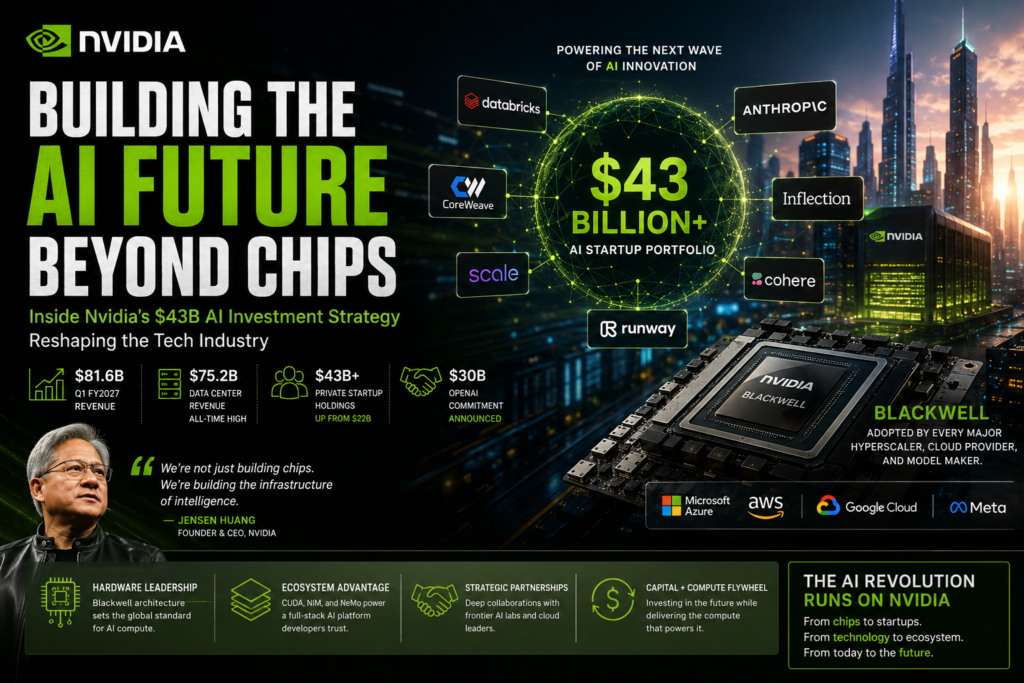 Nvidia AI investment strategy visual showing AI startup portfolio growth and Blackwell infrastructure expansion