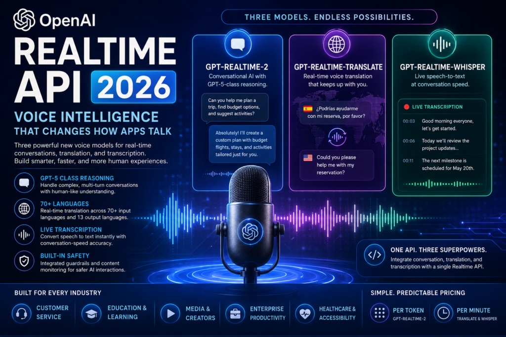 OpenAI Realtime API showing GPT-Realtime-2, Translate, and Whisper voice intelligence models for developers