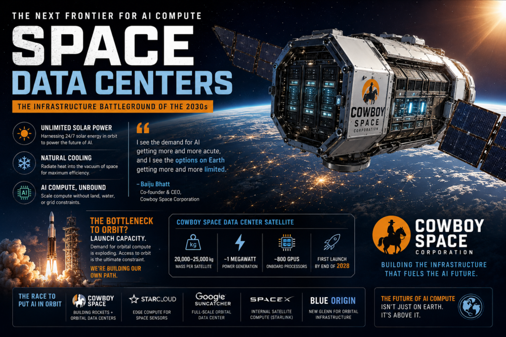 Illustration of space data centers in orbit powering AI compute satellites above Earth with solar panels and servers.