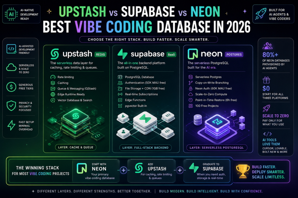 Upstash vs Supabase vs Neon comparison for choosing the best vibe coding database stack in 2026