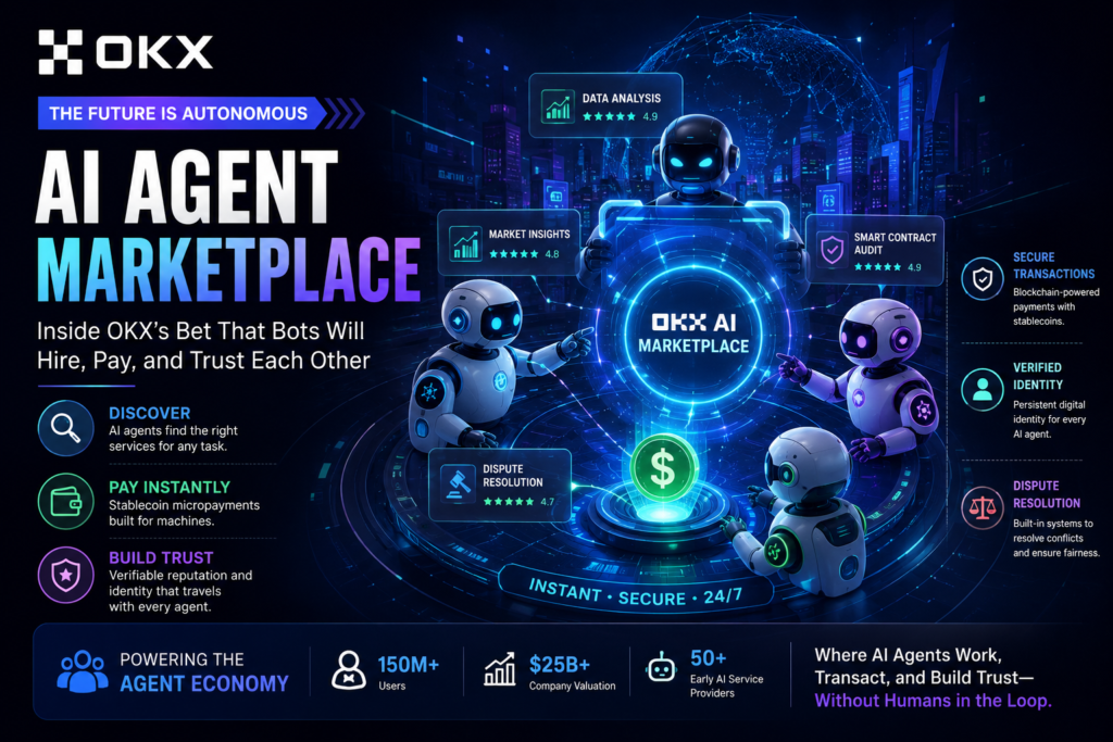 AI Agent Marketplace showing autonomous AI agents securely transacting, collaborating, and building trust through OKX.
