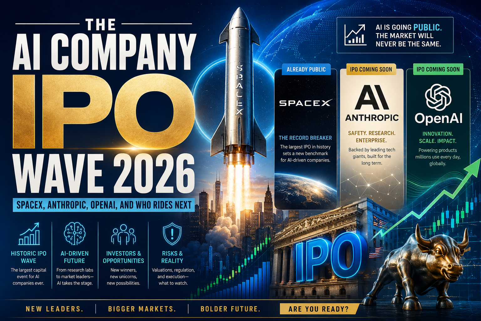 Illustration of the AI company IPO wave featuring SpaceX, OpenAI, and Anthropic going public in 2026.