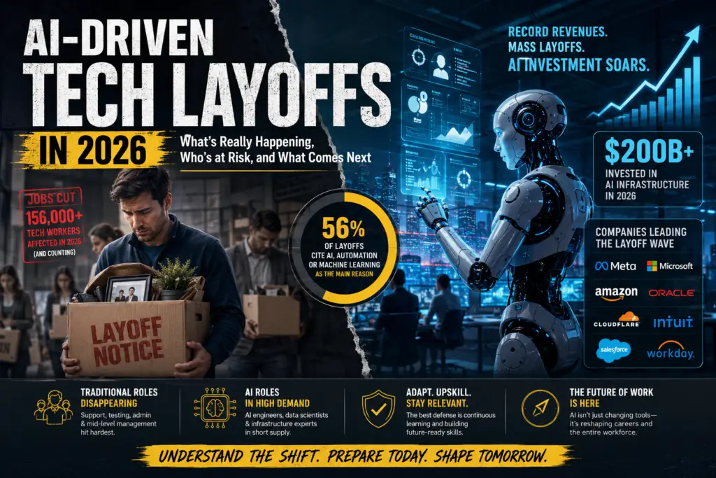 Professionals affected by AI-driven tech layoffs as companies automate jobs and restructure workforces in 2026.