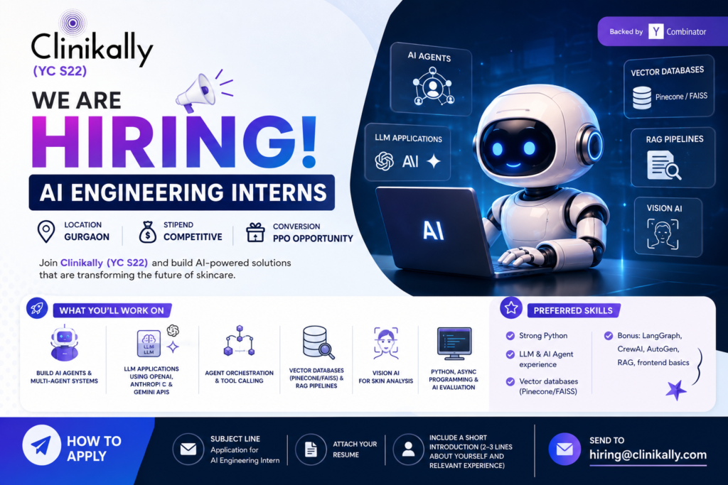 Clinikally AI Engineering Intern hiring for Python, LLMs, AI agents, RAG, and vector database projects in Gurgaon.