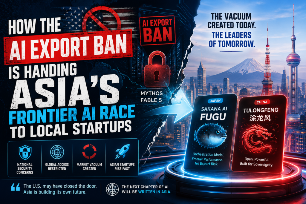 AI export ban drives Asian AI startups like Sakana Fugu and Tulongfeng to compete with restricted U.S. AI models.