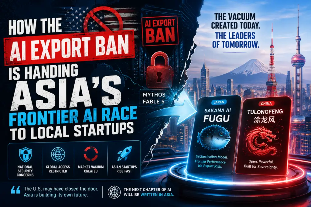 AI export ban drives Asian AI startups like Sakana Fugu and Tulongfeng to compete with restricted U.S. AI models.