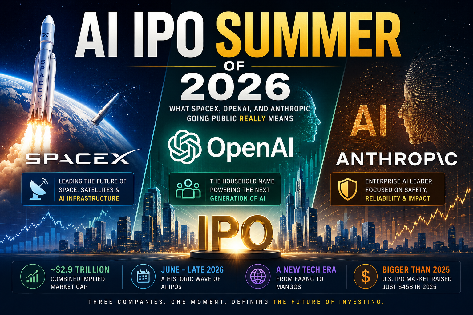 AI IPO Summer of 2026 featuring SpaceX, OpenAI, and Anthropic entering public markets