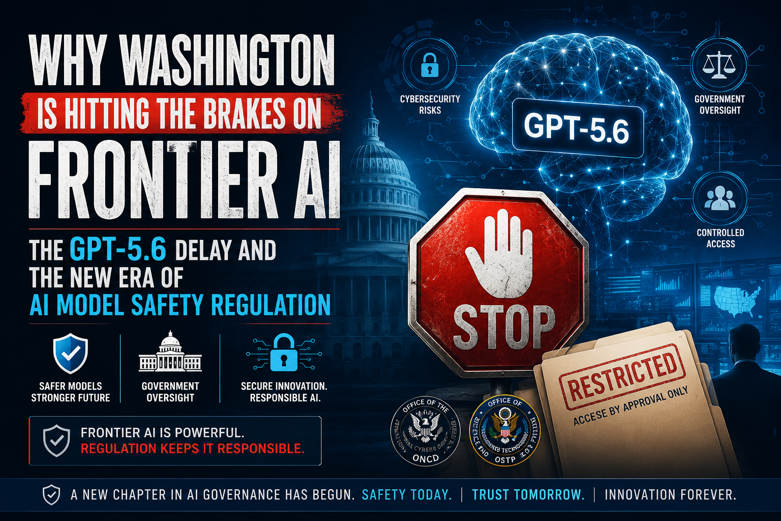 Illustration of AI model safety regulation with GPT-5.6, government oversight, cybersecurity, and frontier AI governance.