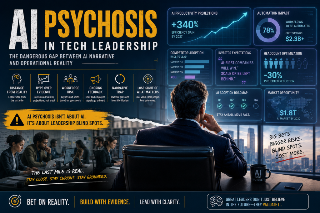 Executive surrounded by AI dashboards illustrating AI psychosis and disconnected decision-making in tech leadership.
